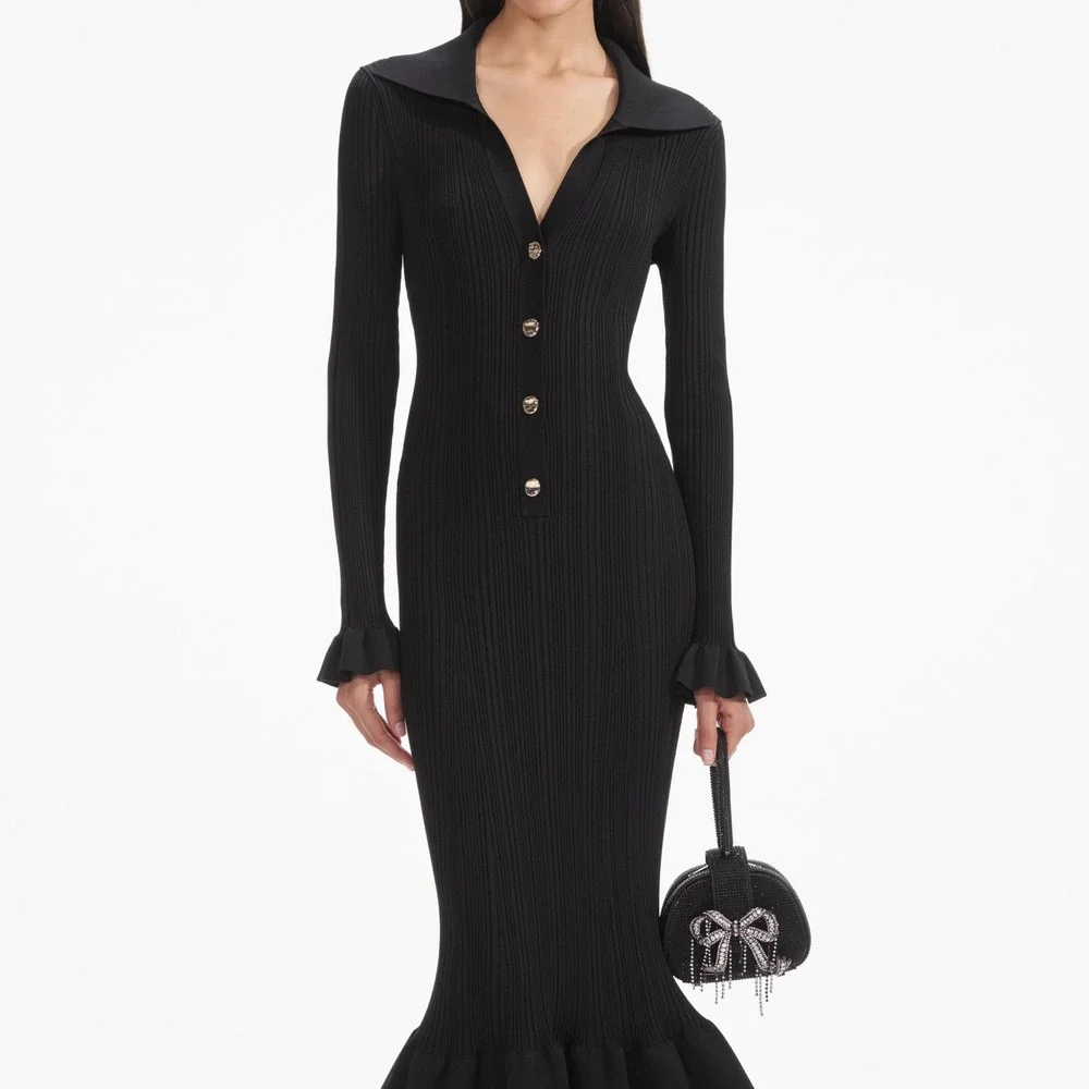 NWT Self-Portrait Black Ribbed Knit Fluted Midi Dress $555 - Size Small - Picture 8 of 16